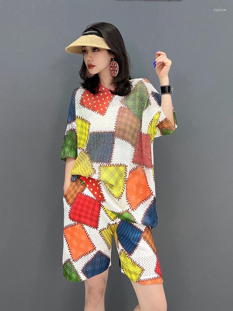 

Women's Tracksuits XITAO Contrast Color Short Sets Casual Loose Irregular Square Pattern Print T-shirt Top Summer Women Two Pieces ZY7293, As shown zy7293