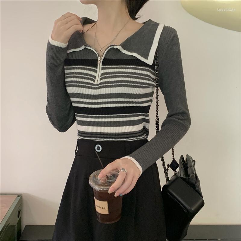

Women's T Shirts GBG1623 Autumn And Winter 2022 Korean Version Slim Fitting Contrast Stripe Knitwear Long Sleeve Polo Collar Design Top, Black