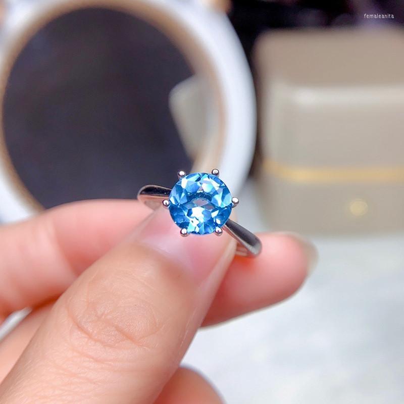 

Cluster Rings Blue Topaz Ring For Women Birthday Anniversary Gift 8MM Natural Gemstoe Fine Jewelry Simple Design Real 925 Sterling Silver
