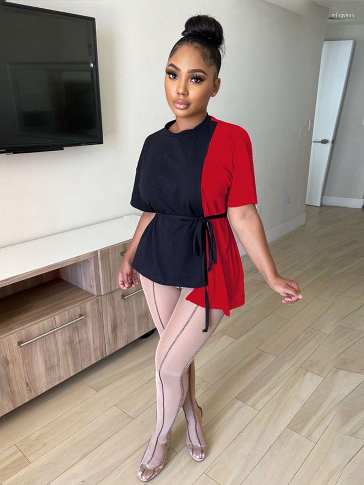 

Women' T Shirts Summer Blouses Short Sleeve Bandage Tops Splic Oversized Sexy Aesthetic Clothes For Women Rave Festival Outfit, Black apricot