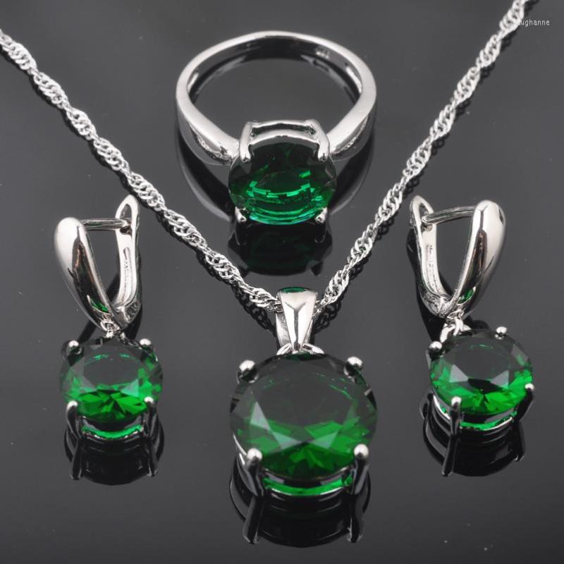 

Necklace Earrings Set Classic Green Zirconia Crystal Bridal Silver Color And Ring For Women Costume QZ0222, Picture shown