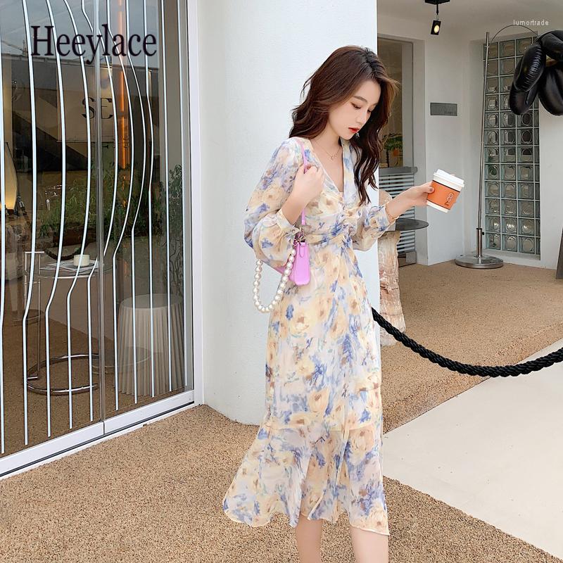 

Casual Dresses Autumn Women Fashion Vintage Short Sleeve Midi Dress Ladies Elegant V-Neck Print Folds Beach Vacation, Floral