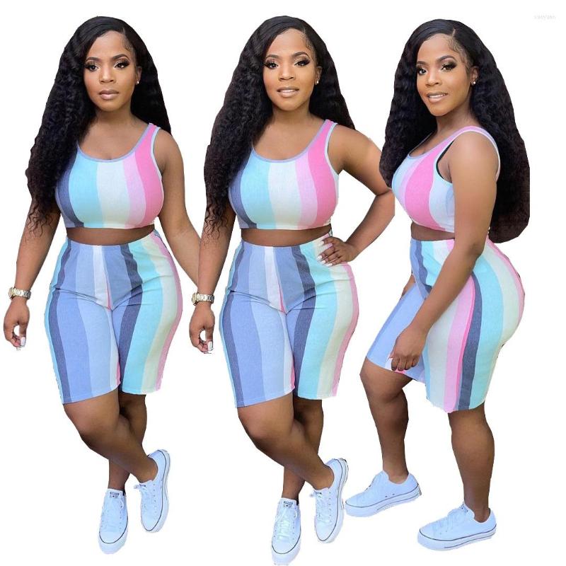 

Women' Tracksuits XM195 Women' Casual Two Piece Summer Streetwear Fashion Sleeveless Tank Top Short Striped Print Shorts Sports Suit, Blue and white