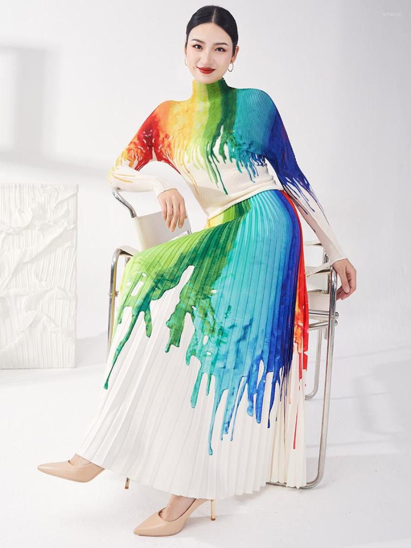 

Women's T Shirts Miyake Pleated Suit Rainbow Gradient Printing High-necked Bottoming Shirt Female Drape A-line Skirt Two-piece Set, Picture color