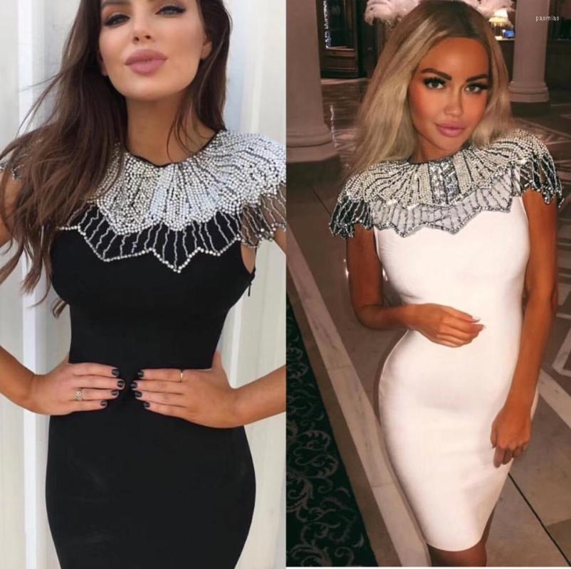 

Casual Dresses Yellow White Bandage Rayon Sexy Bodycon Dress Women Summer Autumn Beading Slim Elastic Celebrity Party Vestidos, Black