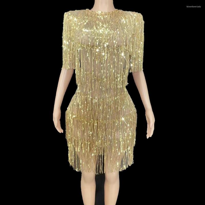 

Casual Dresses 2022 Gold Sequins Fringes Sleeveless Short Dress Evening Birthday Celebrate Shiny Costume Women Dancer Show Party, Black