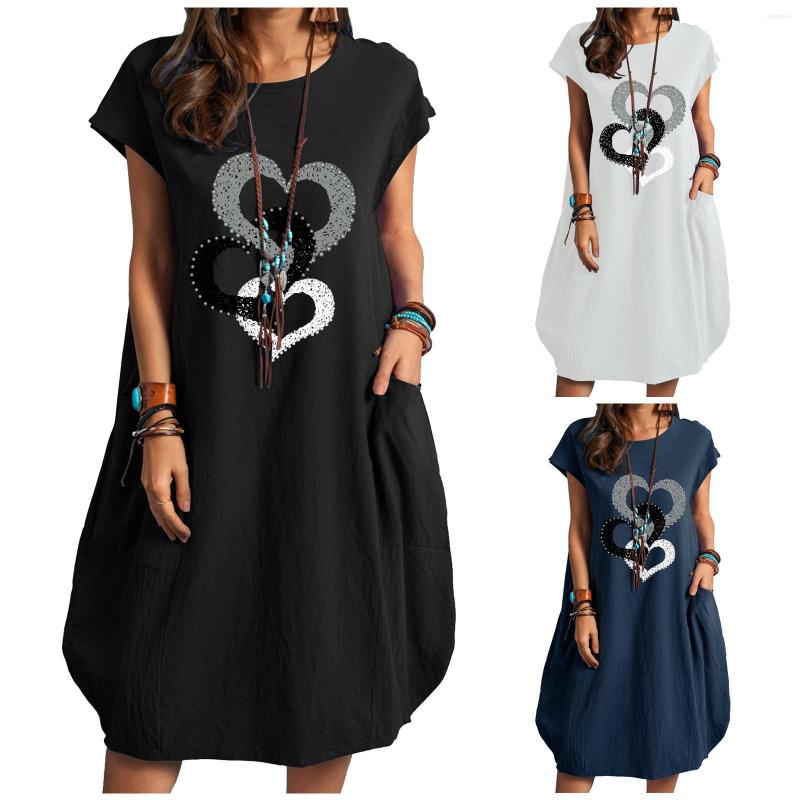 

Casual Dresses Straight Dress For Women Pocket O-neck Short Print Sleeve Linen Loose Women's Elegant Party, Black