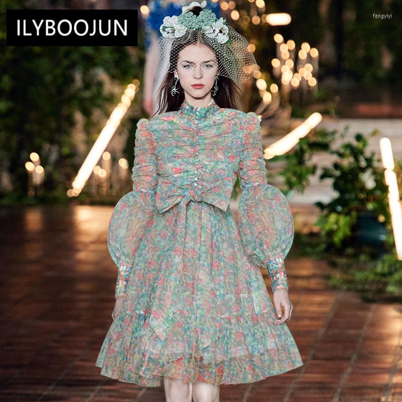 

Casual Dresses Elegant For Women 2022 Runway Autumn Luxury Stand Collar Lantern Sleeve Lace-up Mesh Ruched Print Ball Gown, Turquoise