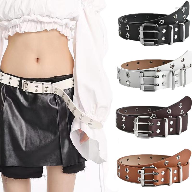 

Belts Women Belt Fashion PU Leather Waistband Star Eye Rivet Double Eyelet Grommet Waist Strap Hollow Out Jeans Y2K Accessories, White