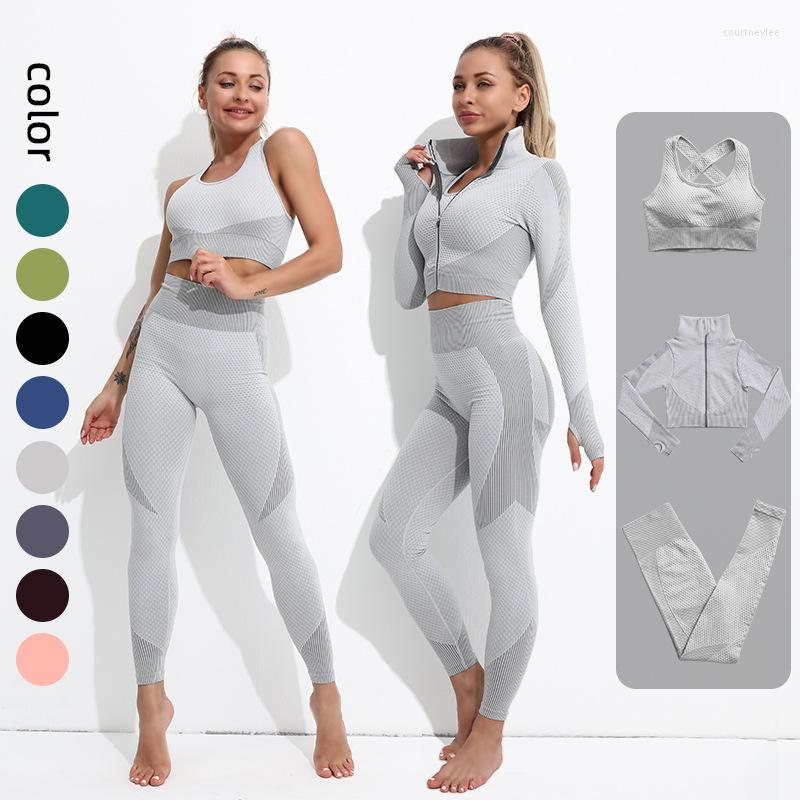 

Active Sets Seamless Yoga Suit For Women Sports Tight Fitting Long Sleeved Fitness Clothing Bras Gym Workout Set Breathable, Black gray 2pcs