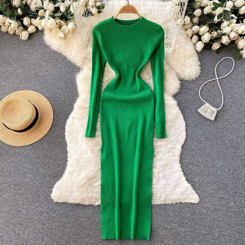 

Casual Dresses Elegant Green Knitted Dress Women Solid Slim Bottom Bodycon Long Crew Neck Package Hip Vestidos Autumn Femme Robe, Orange