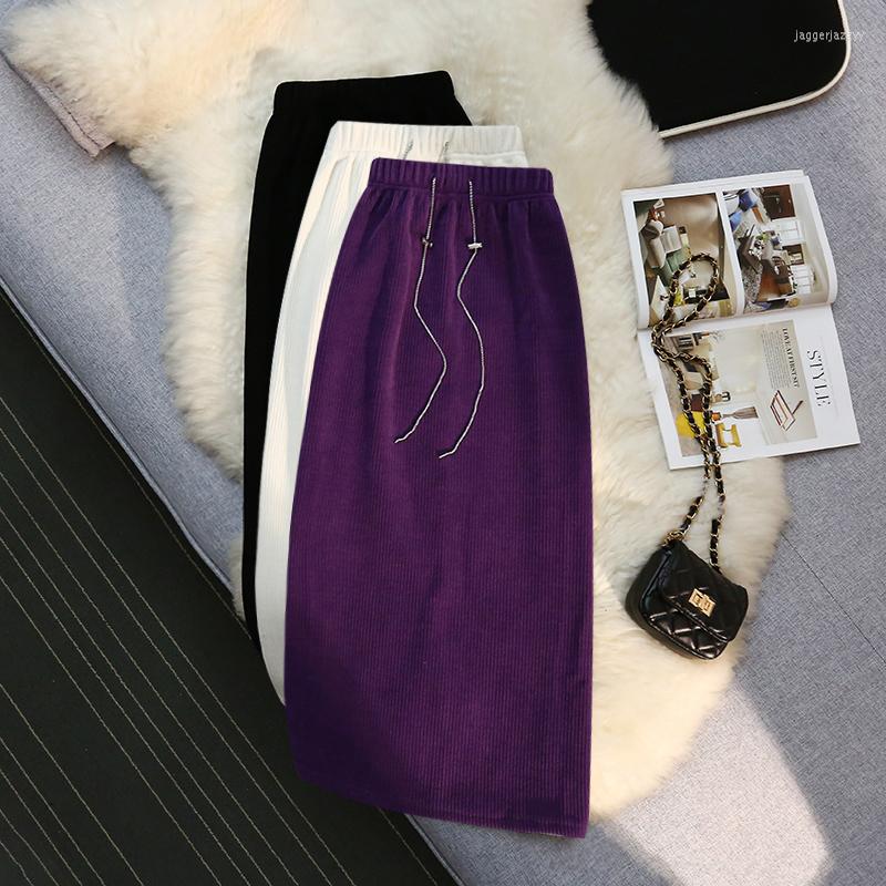

Skirts Autumn Winter Thickened Corduroy Skirt Women Casual Lace-Up Bodycon Pencil Vintage Elastic Waist Midi Long Female, Purple