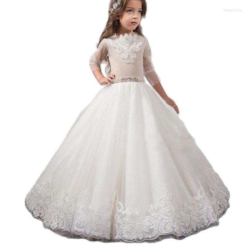 

Girl Dresses Lace Flower For Wedding Pearls Wasit Jewel Neck Infant Toddler Baby Kids, Champagne
