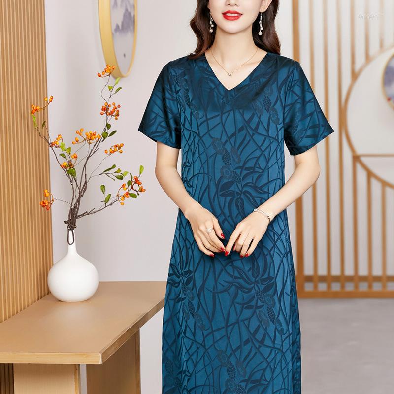 

Party Dresses 2022 Summer V-neck Short Sleeve Print Dress Women Noble Elegant Vestir Fashion Loose Knee Length Vestidos Large Size -4XL, Black