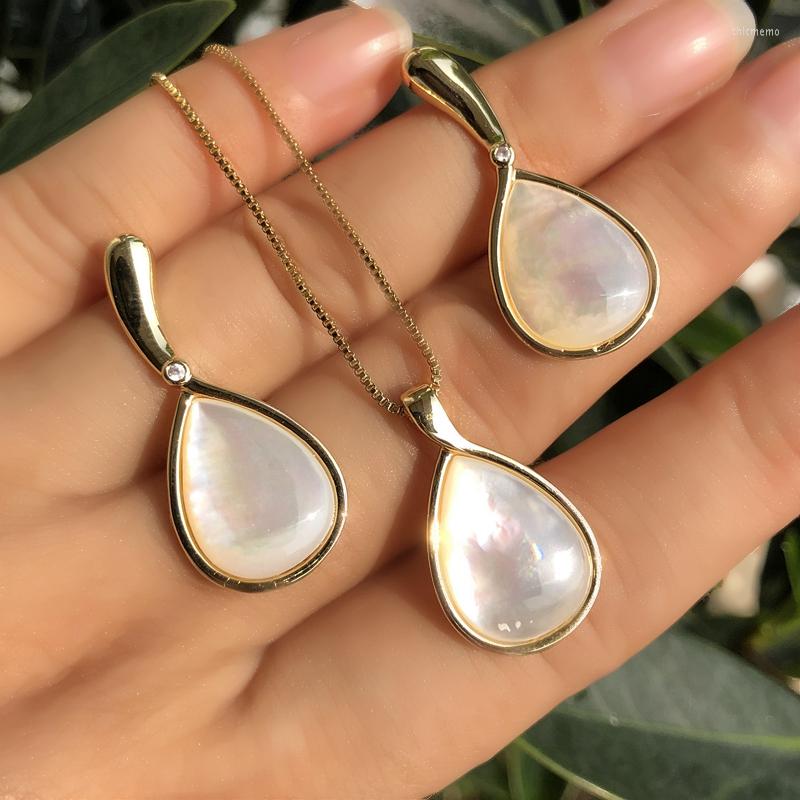 

Necklace Earrings Set Unique Design Water-drop Natural Shell Gold Color Stud Pendant Round Cubic Zirconia Women Jewelry, Picture shown