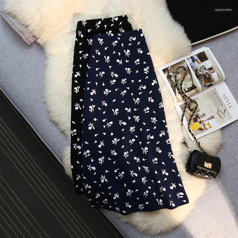 

Skirts Autumn Winter Flower Knitted Bodycon Pencil Skirt Women Elastic Waist Office Ladies Work Elegant Female Midi Long, Black