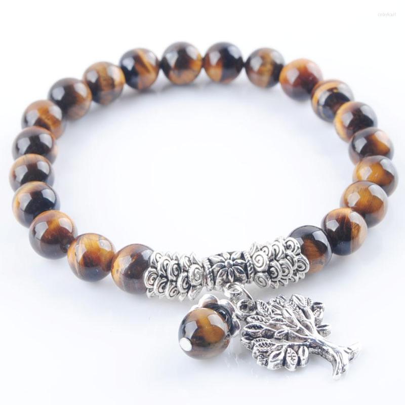 

Strand Natural Stone Tiger's Eye Stretch Bracelets Round Beads Bangle Healing Reiki Tree Of Life Charm Women Man Jewelry TK3212