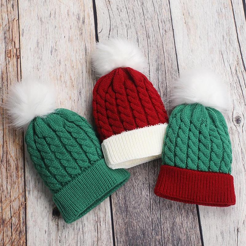 

Hats Christmas Baby Skiing Fashion Keep Warm Winter Knitted Cotton Hat Crochet Hemming Cute Pom, Green
