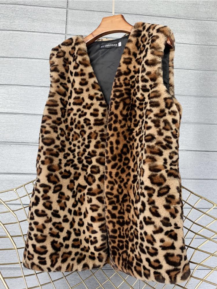 

Women' Vests Fashion Leopard Print Faux Fur Warm Vest Women 2022 Winter Soft Casual High Street Mid-length Coats Sleeveless Outwear