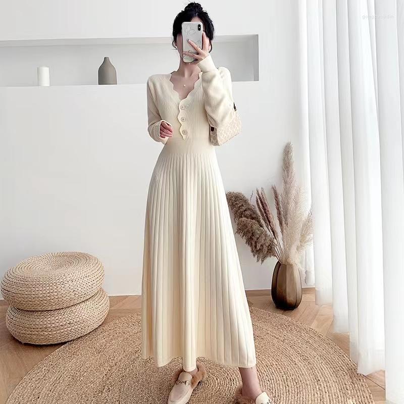 

Casual Dresses Young Gee Knitted Dress Women Autumn Winter Purple Slim Waist Long Sleeve Mid-calf Length Vestidos De Verano Mujer