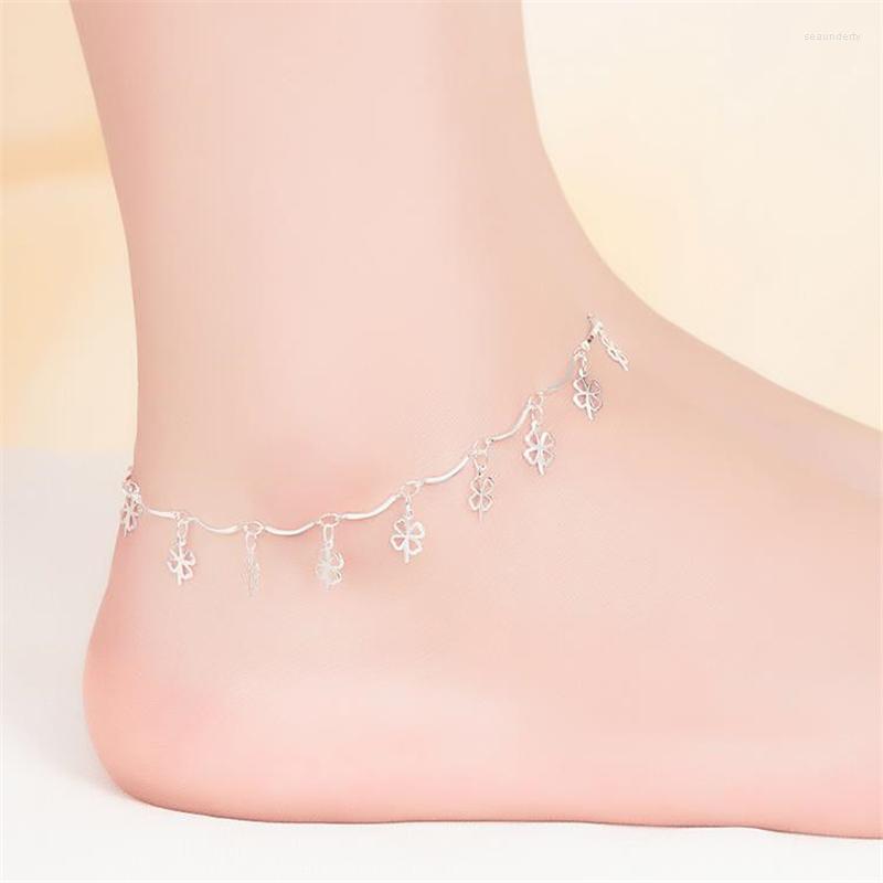 

Anklets KOFSAC Trendy 925 Sterling Silver For Women Lucky Four Clover Bracelet Foot Jewelry Lady Beach Party Girlfriend Gift