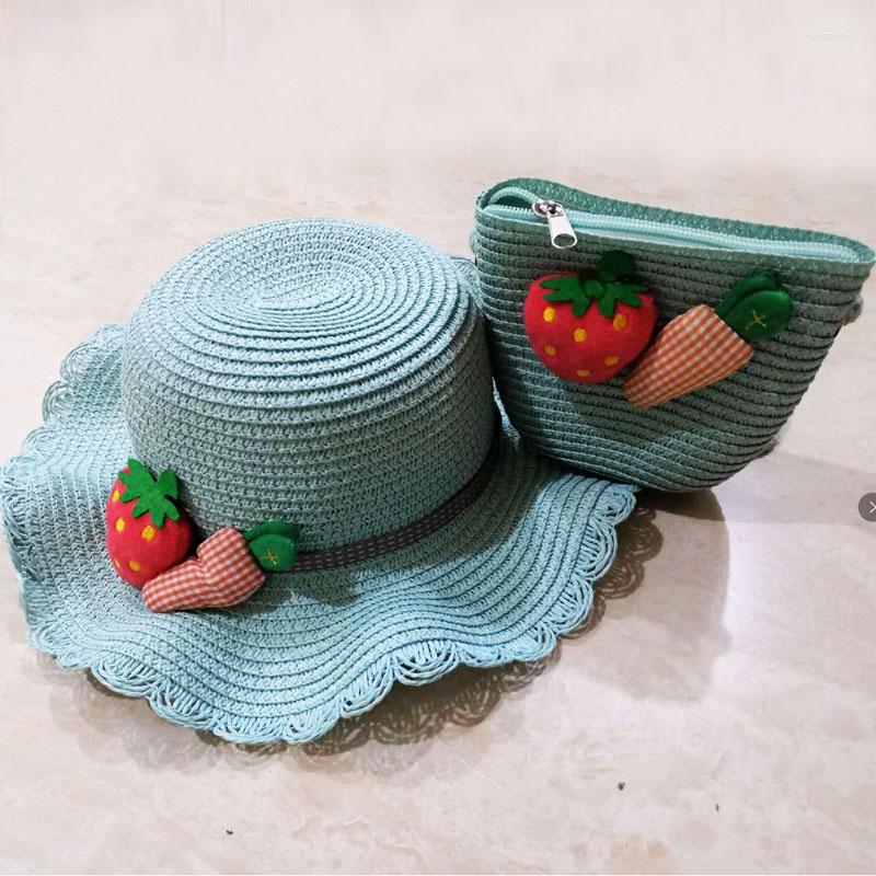 

Hats Girls Summer Sun Weaving Crochet Kids Beach Large Wide Brim Strawberry Baby Floppy Bucket Cap Portable Handbag H1, Khaki