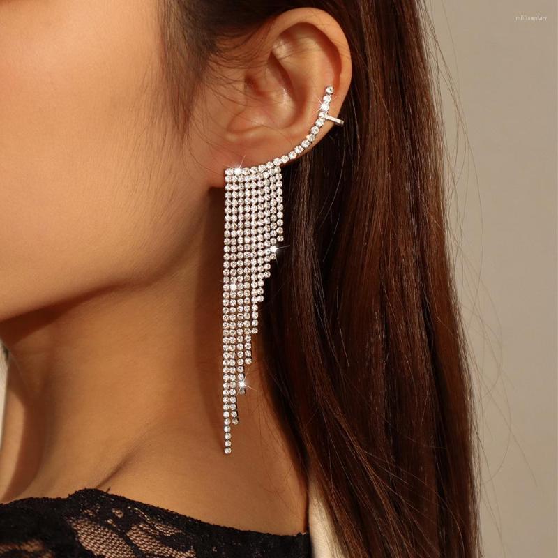 

Backs Earrings Gold Crystals Zircon Rhinestone Long Tassel Elf Ear Clip Cuff Exquisite Luxury Cartilage Fashion Jewelry