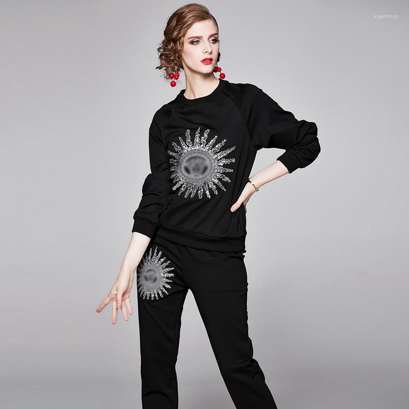 

Women' Tracksuits Fashion Spring And Autumn Plus-size Sports Leisure Suit Sequins Embroidery All Cotton Round Collar Two-piece, Black