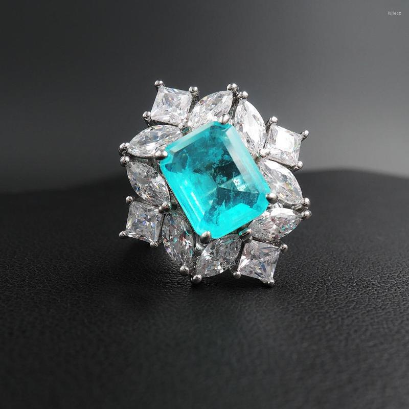 

Cluster Rings QBrilliant Gorgeous Silver Color 8 10MM Paraiba Tourmaline Wedding Sparkling High Carbon Simulation Diamond Jewelry