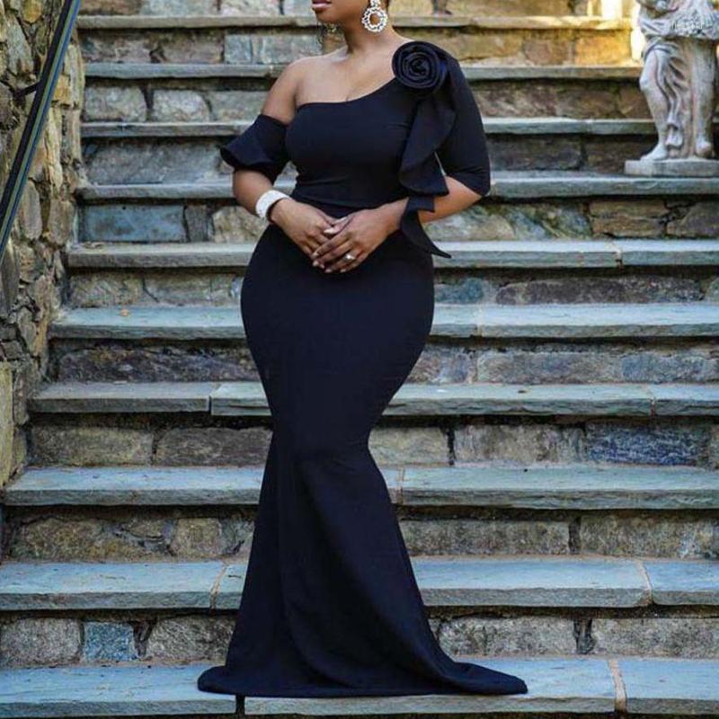 

Party Dresses 3D Chic Maxi Dress Women 2022 Summer Elegant Plain Black Cold Shoulder Half Sleeve Ruffles Fashion Bodycon Female