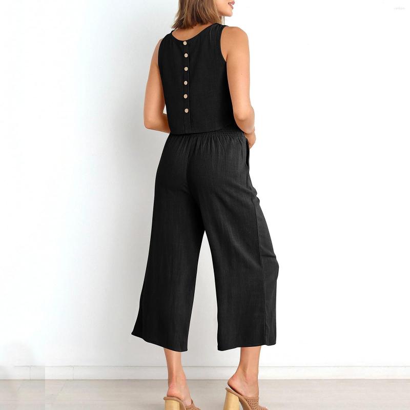 

Women' Tracksuits Women Summer Sleeveless Tank O Neck Top Short Button Wide Leg Pants Pocket Two Piece Suit Womens Pantsuits, Khaki