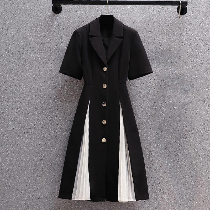 

Women's Suits Women Single Breasted Pleated Patchwork Long Blazer Elegant Office Ladies Dresses Short Sleeve Summer Coat, Black
