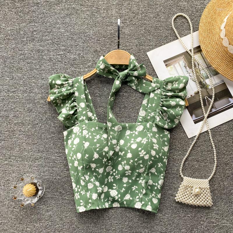 

Women's Tanks Women Floral Print Camis 2022 Summer Slim Tie Bow Spaghetti Strap Tank Ladies Sexy Backless Sleeveless Ruffles Blouse Short, Beige