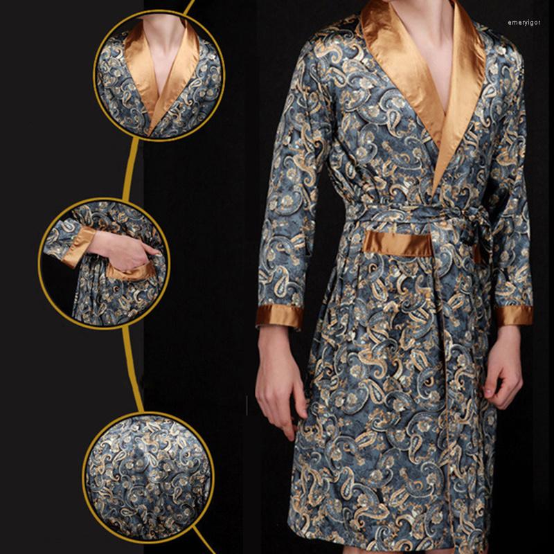 

Men's Sleepwear Summer Thin Bathrobe Mid-length Long Sleeve Pajamas Ice Silk Nightgown Men Home Comfortable Convenient B99, Navy blue