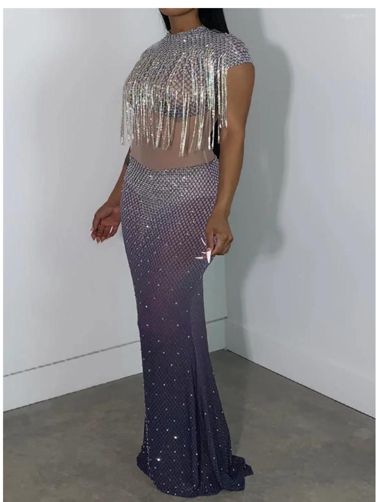 

Casual Dresses Sparkling Rhinestone Fringes Long Dress Lady Evening Birthday Prom Party Bar Singer See Through Mesh Sexy Stage Outfit, Lavender