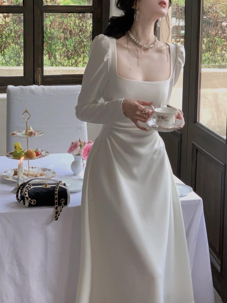 

Casual Dresses 2022 Autumn Elegant Square Collar Midi Party Dress For Women Long Sleeve Black White Slim Vestidos Female Clothes, White short