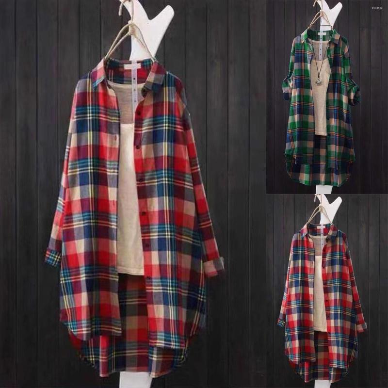 

Women's Blouses Shirts Women Vintage Plaid Print Autumn Long Sleeve Loose Button Outwear Irregular Oversized Tops Casual, Red