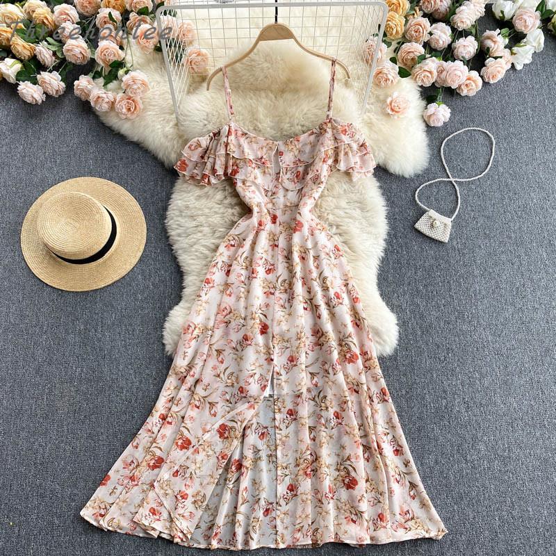 

Casual Dresses Summer Elegth Women's Chiffon Floral Dress Seaside Vacation Vestidos One-line Neck Split And Swing Sling Beach Midi, Black