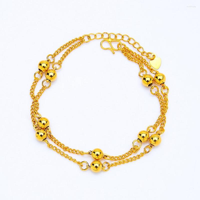 

Link Bracelets 2 Row Beads Bracelet Wrist Chain Women Yellow Gold Filled Classic Female Girl Fashion Jewelry Gift