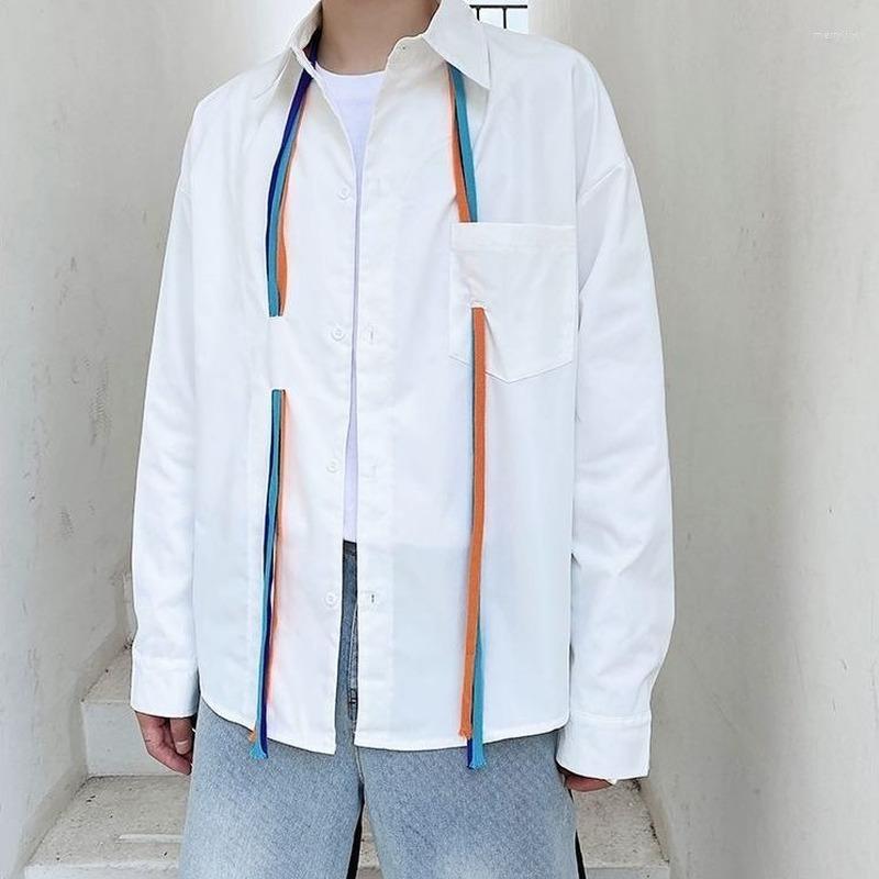 

Men's Casual Shirts EBAIHUI Man's Long Sleeve White Colorful Belt Design Cardigan Top Shirt For Men And Women Drape Clothing