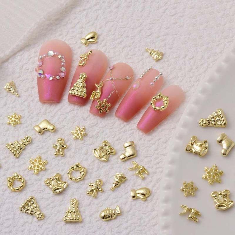 

Nail Art Decorations 30Pcs/Set Christmas Snowflake Bells Xmas Tree Elk Rhinestones 3D Gold For Women Manicure Accessories