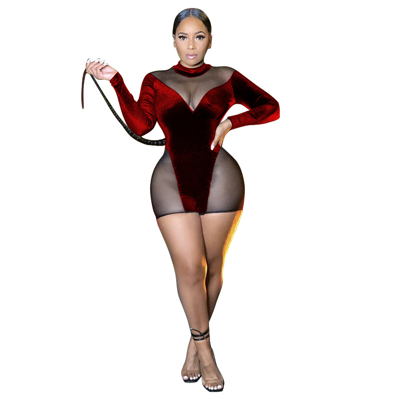 

Women Jumpsuits Sexy See Through Long Sleeve Short Jumpsuits Sheer Mesh Skinny Pants Club One Piece Rompers, Brown