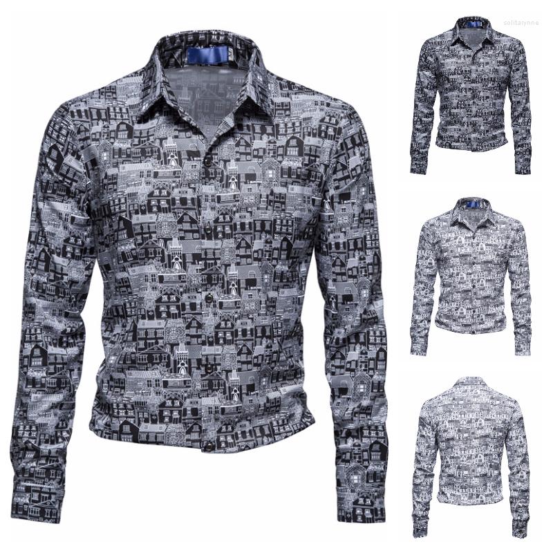

Men' Casual Shirts European And American Autumn Style Business Men' Long-sleeved Shirt House Pattern Printing For Men, Black