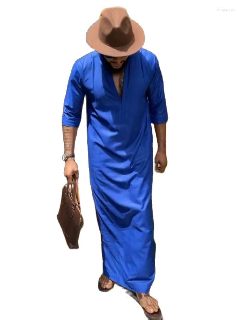 

Ethnic Clothing Royal Blue Men's Robes Half Sleeve Design Cotton African Clothes Solid Male Islamic Dress Nigerian Fashion Wedding Party