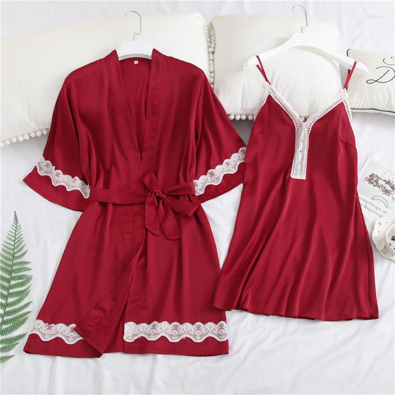 

Women's Sleepwear Women Sexy Lace Robe Sets Bride Wedding Kimono Bathrobe Gown Solid Nightgown Satin Summer Casual Rayon Home Clothing, Black