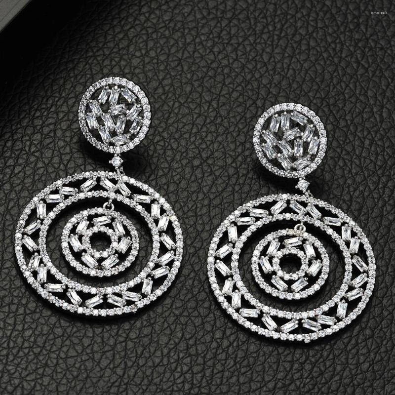 

Dangle Earrings Fashion Luxury Long Round Shape Full Mirco Pave Cubic Zirconia Engagement Party Drop Earring E-574