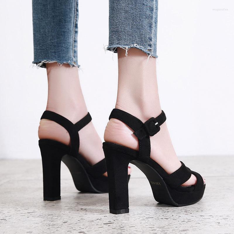

Dress Shoes Women's Sandals Summer Round Head Female Fashion Waterproof Platform Suede High Heels Nightclub Party Women, Black