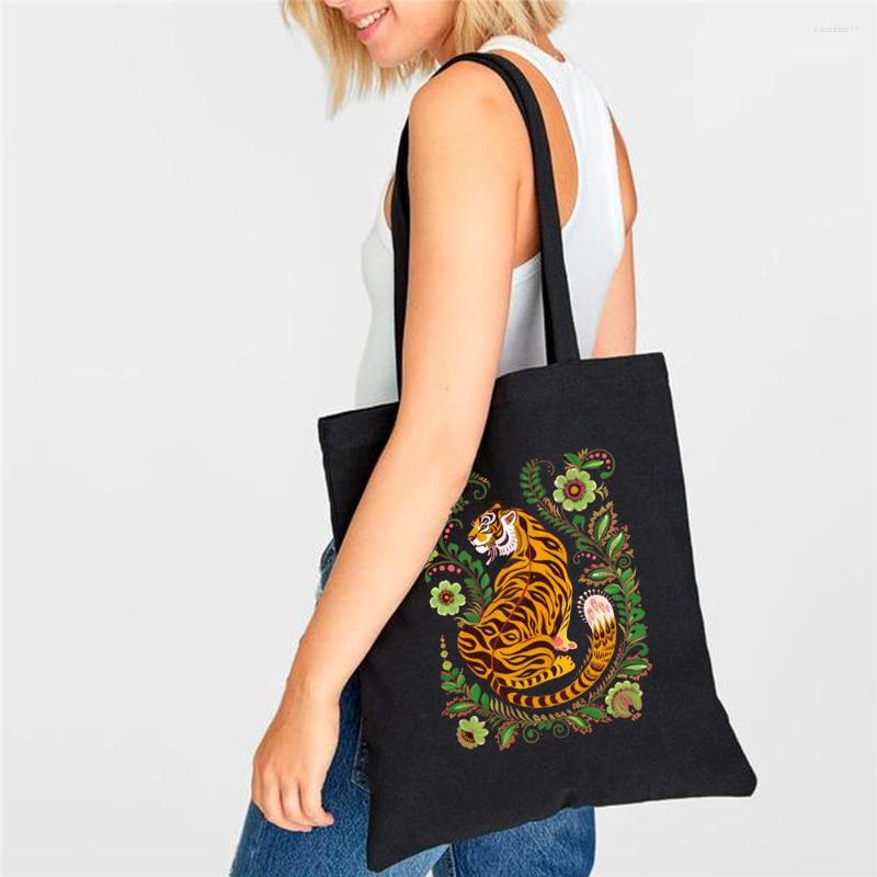 

Shopping Bags Canvas Shoulder Bag Women Handbag Large Capacity Tote Cool Tiger Print Cloth, Beige