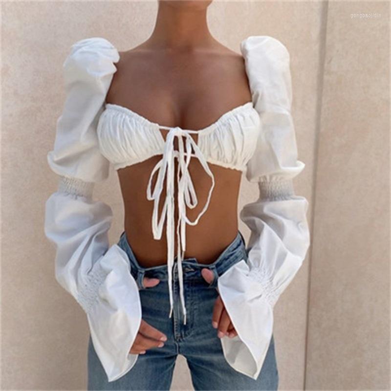 

Women' T Shirts DSMTRC 2022 Fashion Autumn Winter Casual Sheath Tops Women' Long Flare Sleeve Sexy Lace Up White Black Crop Top
