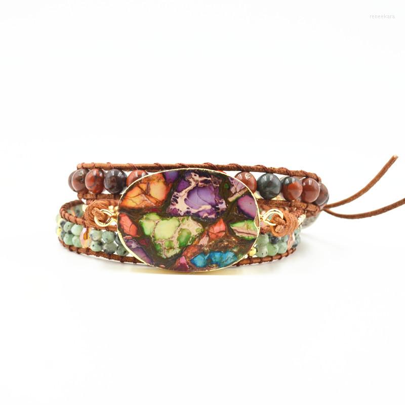 

Strand JoursNeige Boho Bracelets Color Natural Stone Leather Wrap Cuff Vintage Hand Weaving Multi-layer Jewelry